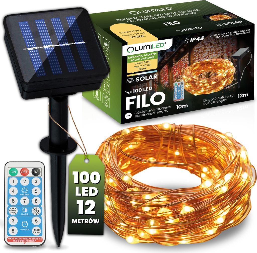 LUMILED Solar Lichterkette Aussen 12M 100x LED Kupferdraht Produktbild 