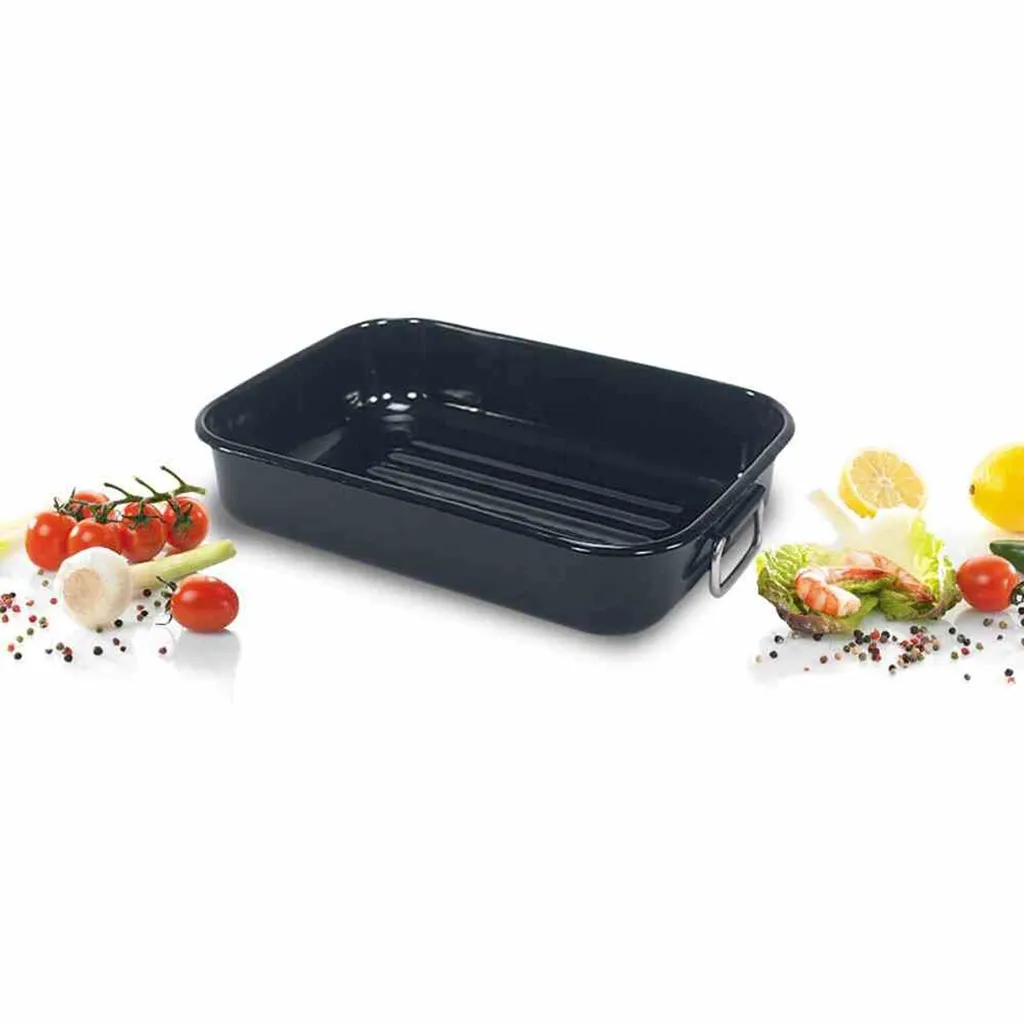 Plat à Four Émaillé 38cm Noir - Revêtement Anti-Rayures et Gril Profond