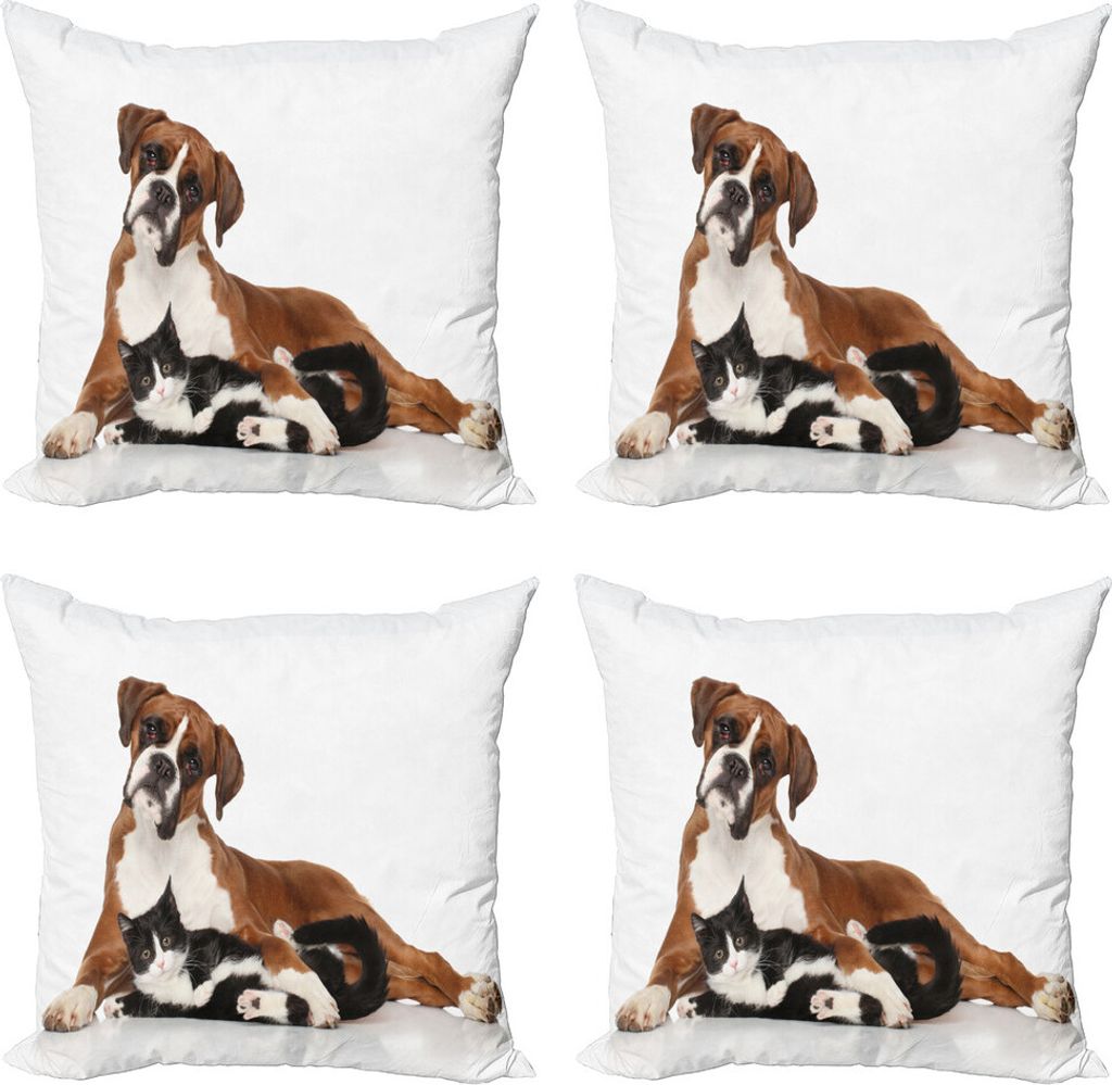 ABAKUHAUS Tier Kissenbezug Set (4 Stück), Katze Hund Freunde Portrait, Moderner Doppelseitiger Digitaldruck, 40 cm x 40 cm, Braun Schwarz Weiß