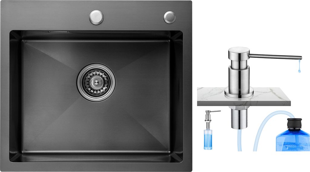 CECIPA Küchenspüle 1 Becken Edelstahlspüle 1 Becken mit Siphon und Überlauf Küchenspüle 50×45×18,5CM + gebürsteter Seifenspender