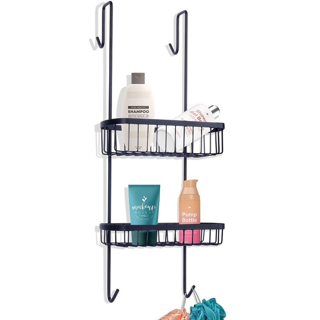 A black metal shower caddy with two shelves, hanging on a white background. It holds several bottles and tubes of toiletries.
