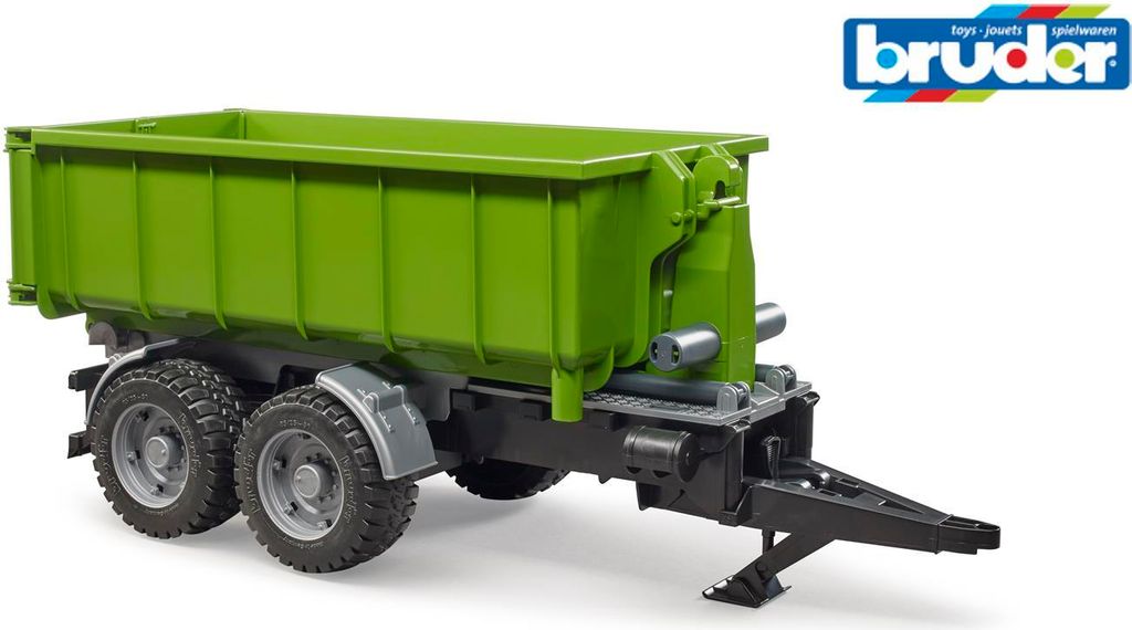 A toy hooklift trailer for tractors, presented on a white background with the brand logo in the upper right corner.