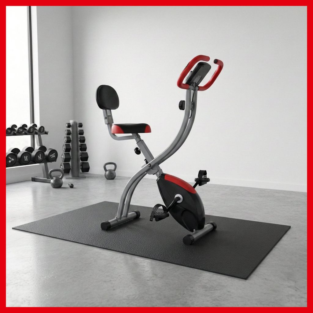 PEAK POWER Faltbares Fitnessbike mit Rückenlehne, Heimtrainer, 8 Widerstandsstufen, Handpulssensoren, faltbar, platzsparend, LCD Display.