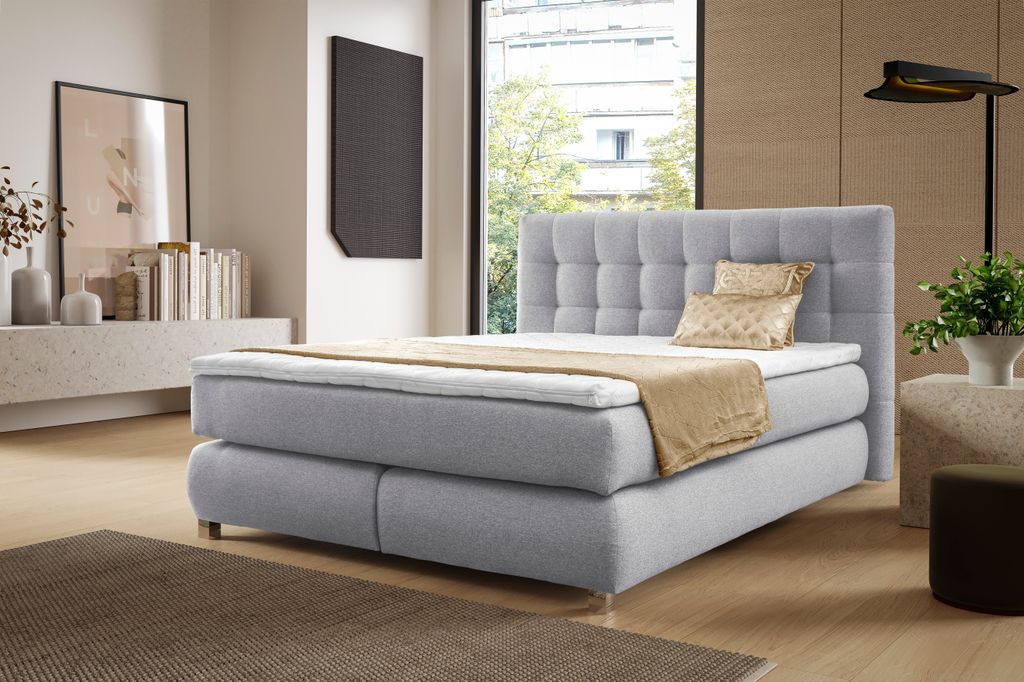 Echtes Boxspringbett BLAKE mit Pocketmatratze|Bonellmatratze Familienbett|Topper|Taschenmatratze|Polsterbett|Schlafzimmer (220x200, Hellgrau)