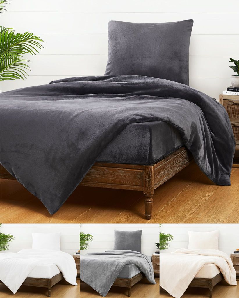 JACK Teddy Flausch Bettwäsche Uni 155x220cm Plüsch Cashmere Touch Weiß Grau Anthrazit Creme Blau Schwarz Einfarbig Warm, Farbe:Anthrazit