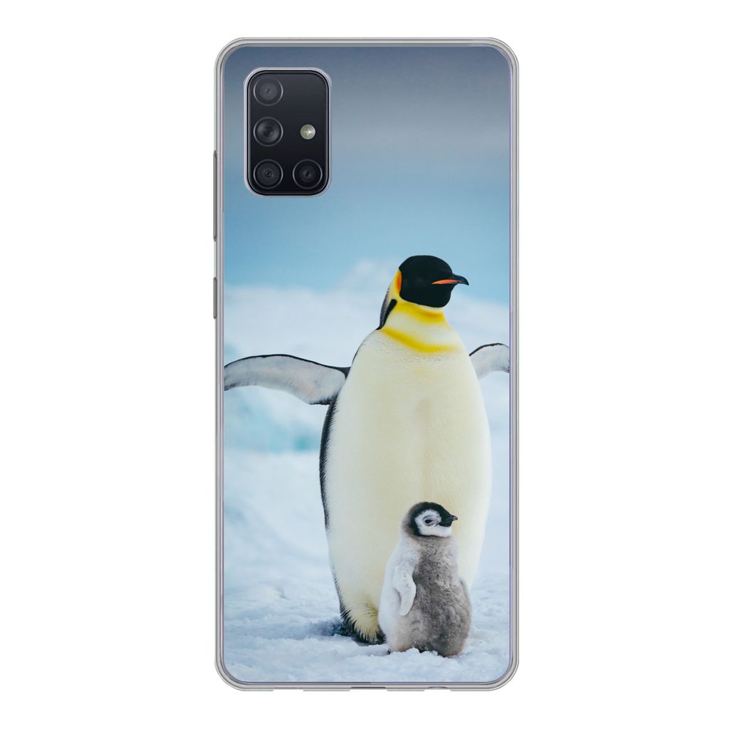 MuchoWow Handyhülle Schutzhülle Hülle für Samsung Galaxy A71 Kaiserpinguin mit Jungen Silikon Softcase Handy Hülle - Kartenbesitzer
