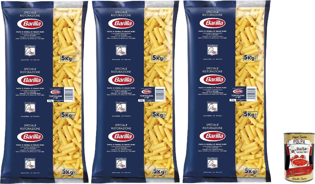 Barilla Hartweizen Pasta Tortiglioni n. 83 – 3er Pack (3x 5kg) + Italian Gourmet polpa 400g