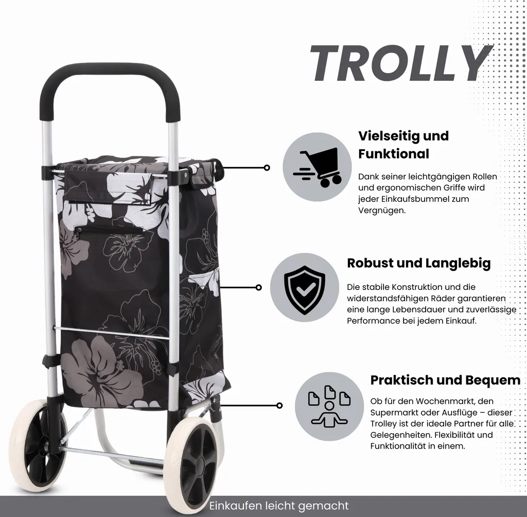 Caddie de courses noir à motif fleurs élégant avec sac imperméable 40L - 7