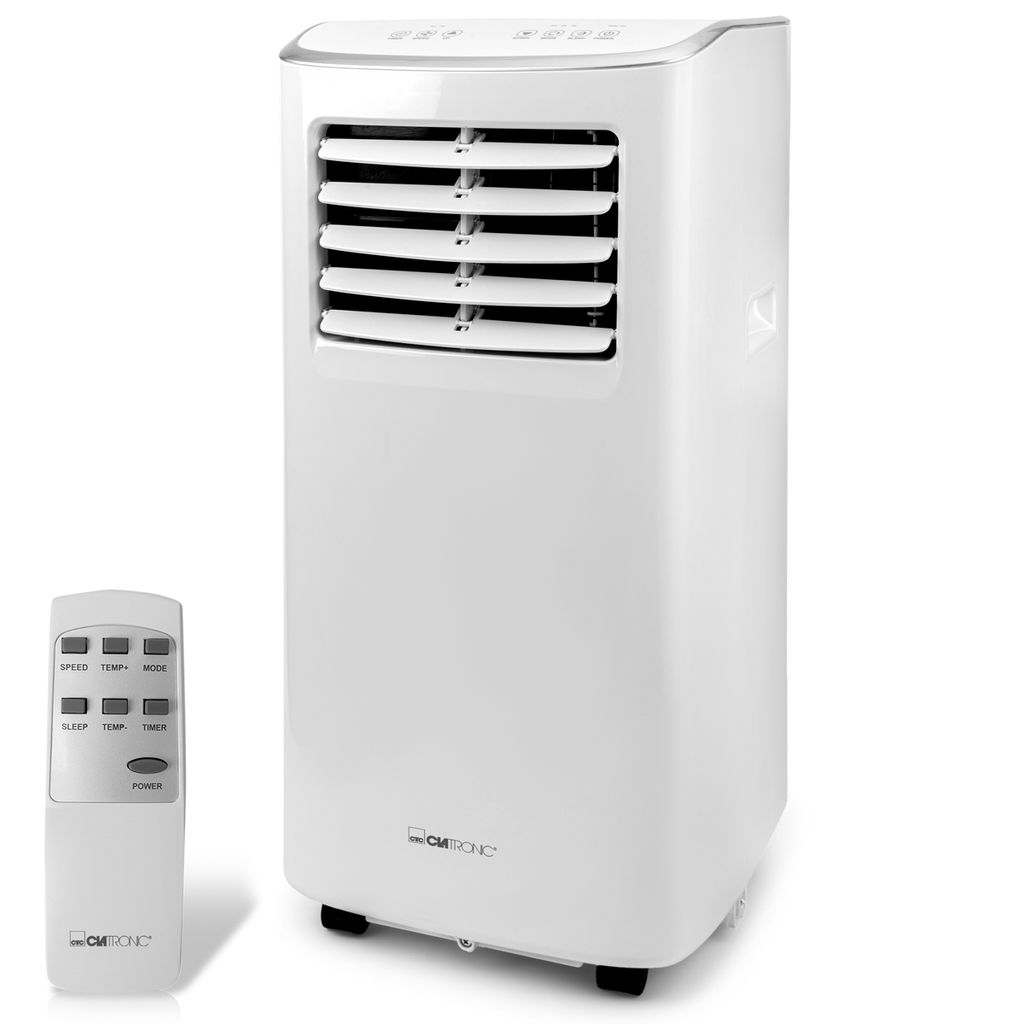A white portable air conditioner unit with a remote control.
