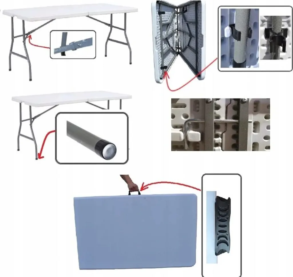 Table Pliante de Réception 180x75 cm avec 6 Poufs et Poignée de Transport