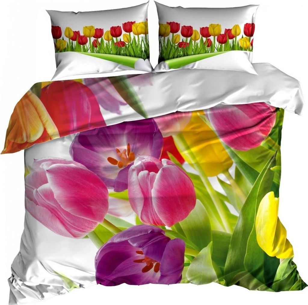 3D-Bettwäsche aus Baumwollsatin, 140 x 200 cm, bunte Tulpen