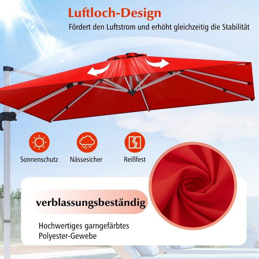 Terrassenschirm mit Kreuzfuß & 360° Drehung für Garten und Poolbereiche 300 x 300 x 261 cm Burgund