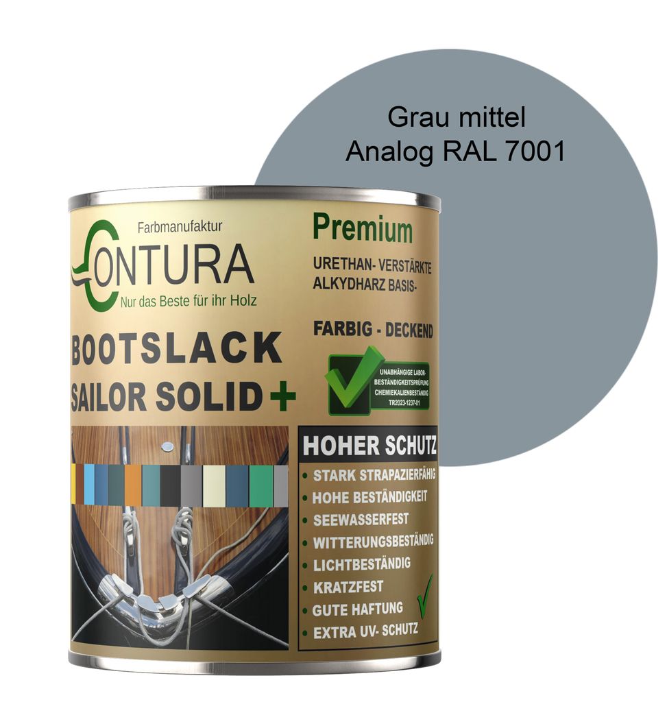Contura Bootslack 1Liter. Farbig Glänzend Yacht- Buntlack Metall Holz GFK Holzlack Schiffslack RAL Boot - Grau Mittel RAL 7001 Analog