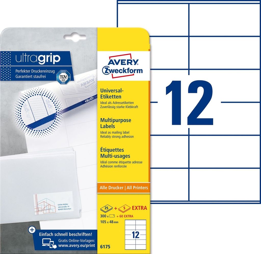 Universal-Etiketten ultragrip 105x48 mm VE=30x360 Etiketten / 30 Bogen weiß