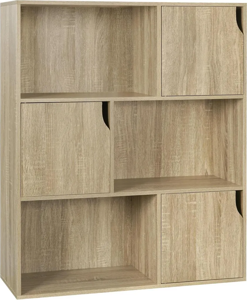 Bibliothèque robuste 6 cases en bois E1 chêne clair avec 3 portes