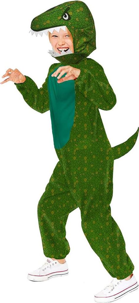 A child wearing a dinosaur costume.