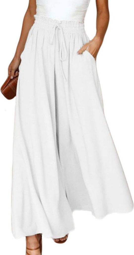 ASKSA Damen Breites Bein Hose Sommer Hohe Waist Plissee Hosen Leicht Hosenrock Sommerhose Freizeithose, Weiß, M
