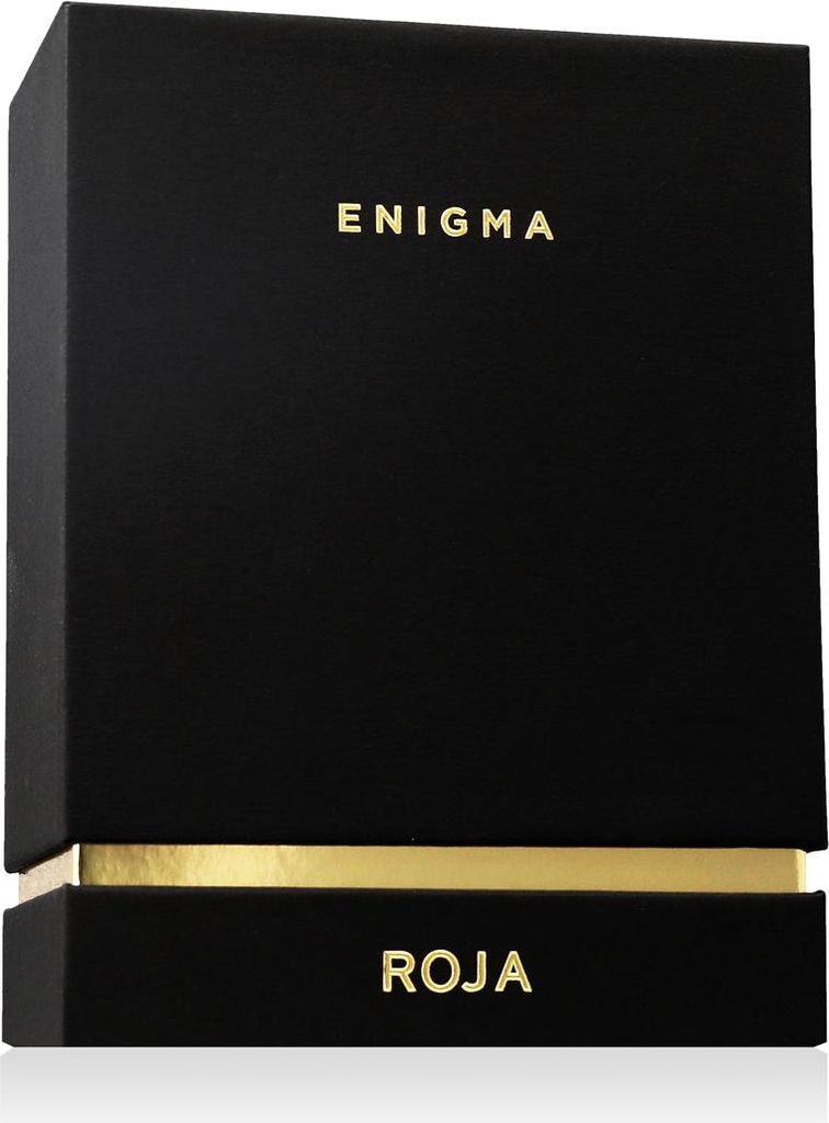 A black box with gold lettering for a perfume.