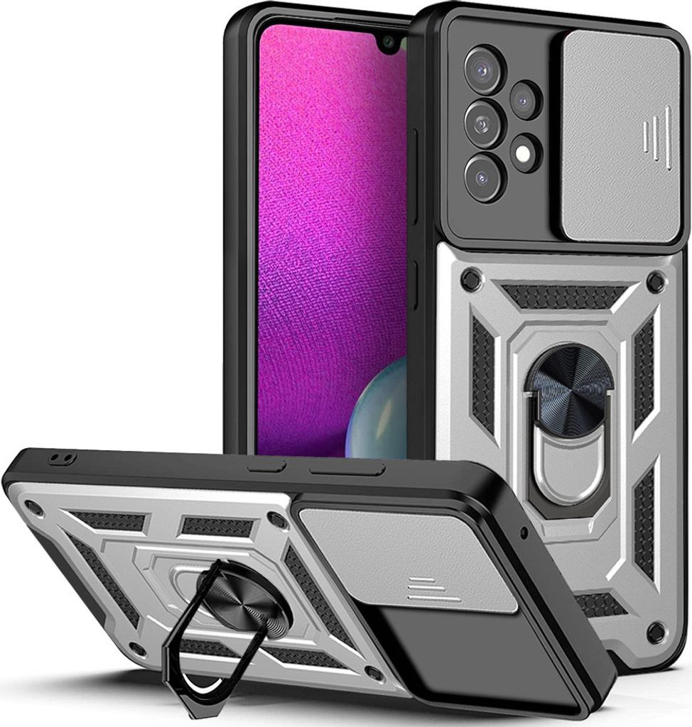 Galaxy A73 5G Hülle mit Ring Ständer Halter Dia Kameraschutz TPU PC Schutzhülle für Samsung Galaxy A73 5G Silber