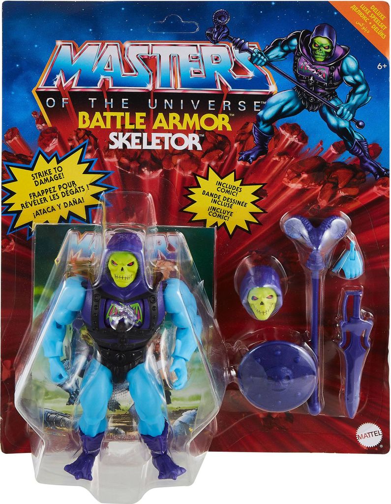 A Masters of the Universe Battle Armor Skeletor action figure in its original packaging.