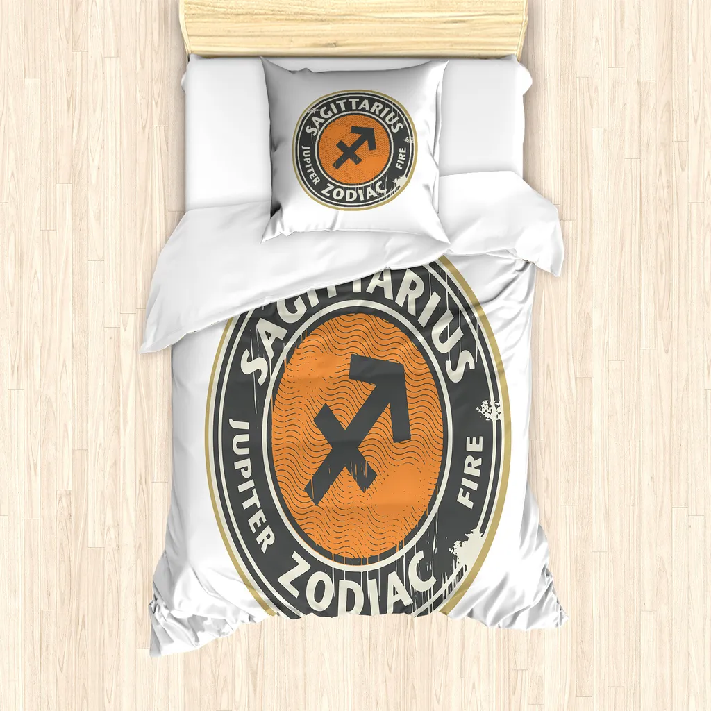 ABAKUHAUS Set copripiumino per letto singolo Sagittario, disegno zodiacale, antiacaro, adatto a chi soffre di allergie, con federa, 135 cm x 200 cm - 80 x 80 cm, tortora scuro, beige, arancione