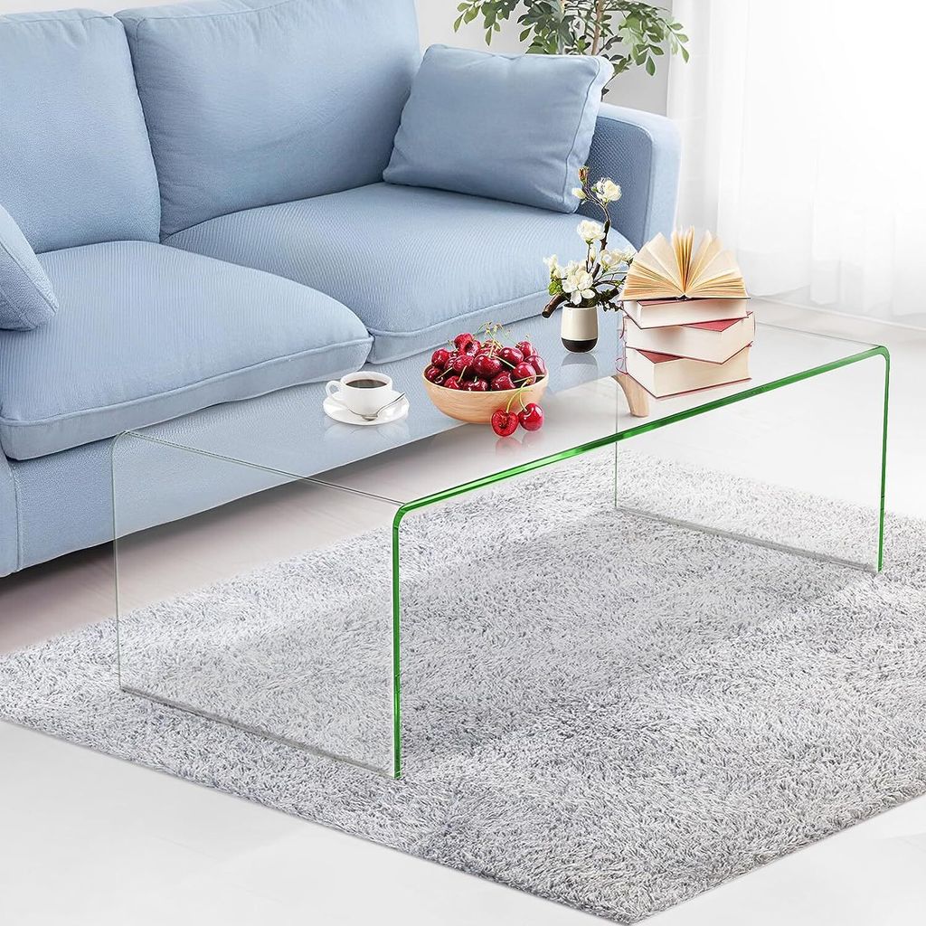 Transparenter Couchtisch aus gehaertetem Glas, rechteckiger Tisch, abgerundete Ecken und glatte Kanten für Wohnzimmer, moderner Couchtisch, minima...