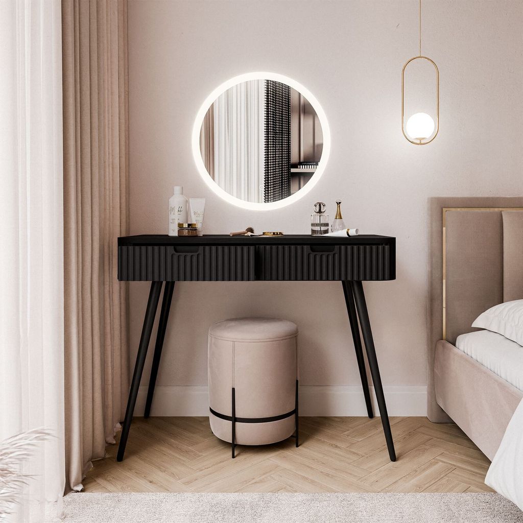 Schminktisch ZAIRA mit LED Spiegel Schwarz schräge schwarze Beine