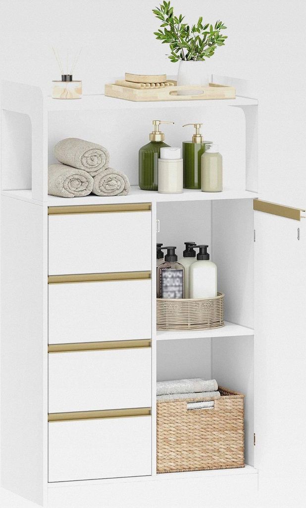Badezimmerschrank, Küchenschrank, Aufbewahrungsschrank mit 4 Schubladen und Offenem Regal, Badschrank Hoch, Verstellbare Ablage, für Badezimmer, ...