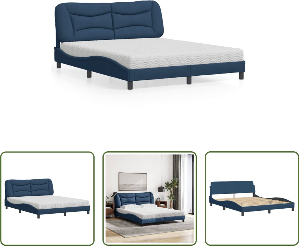 The Living Store Bett mit Matratze Blau 160x200 cm Stoff