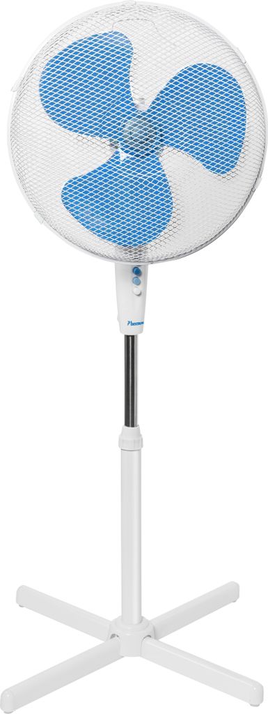 A white pedestal fan with blue blades is shown against a white background.