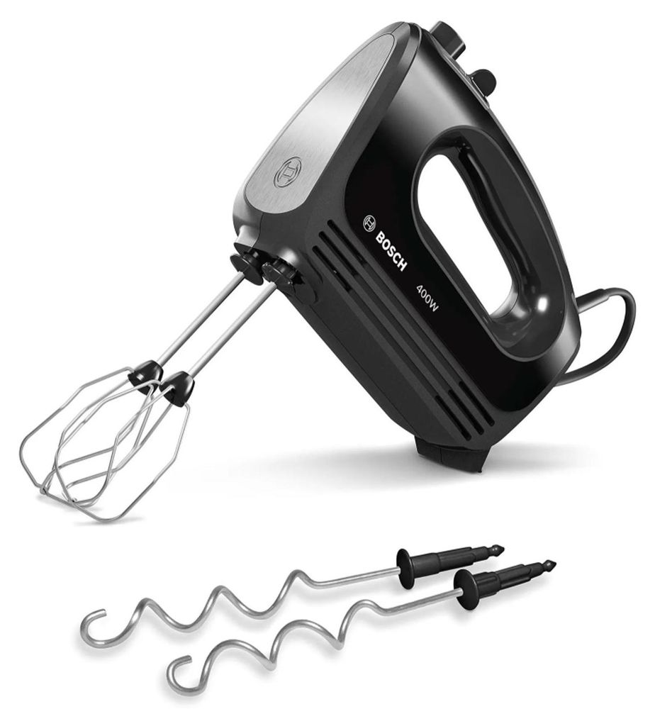 A black Bosch hand mixer with silver accents is shown on a white background, with two sets of beaters.