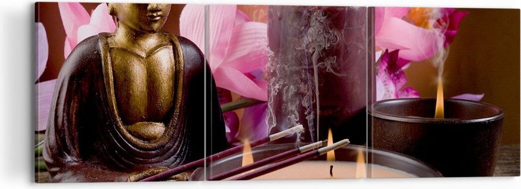 Bild auf Leinwand - Leinwandbild - Buddha Kerzen Religion - 120x40cm - Wand Bild - Wanddeko - Leinwanddruck - Bilder - Kunstdruck - Wanddekoration ...