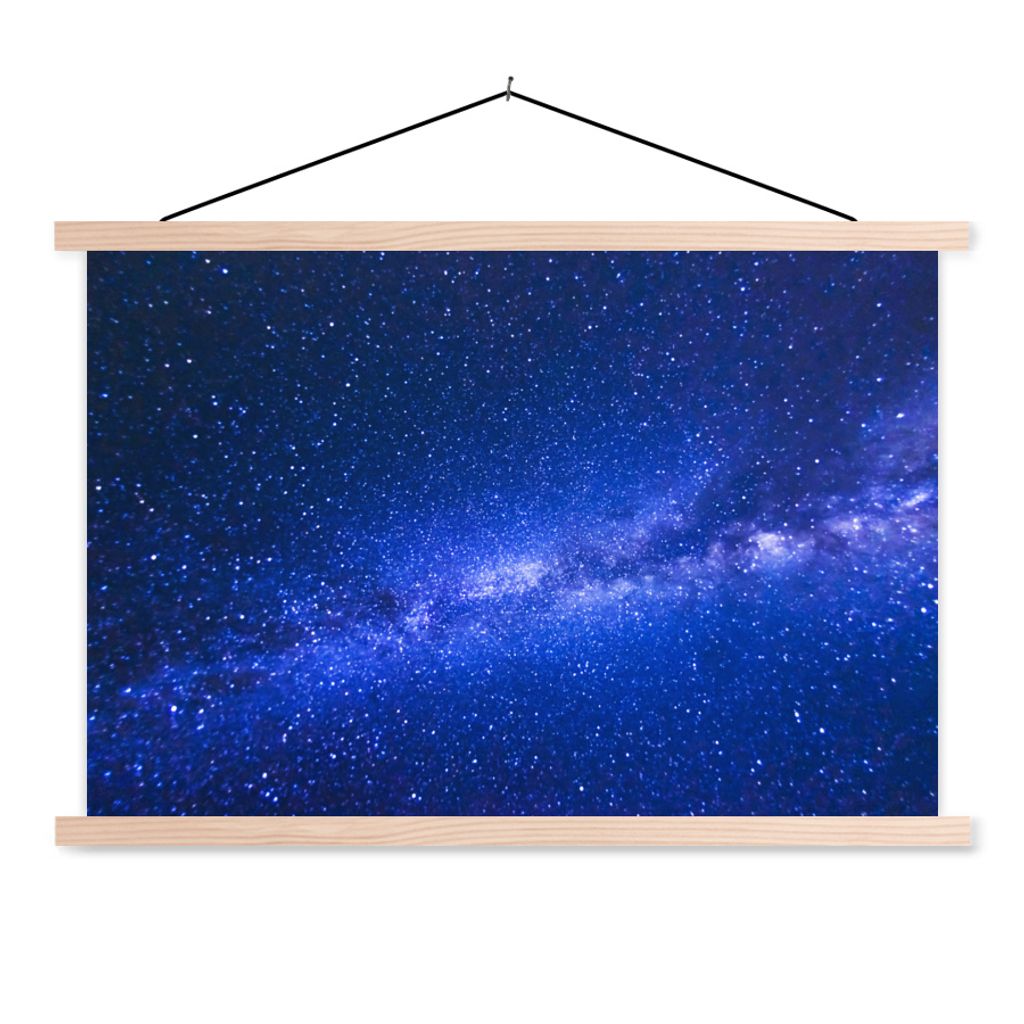 MuchoWow Textilposter Sternenhimmel - Universum - Blau - Jungen - Mädchen - Kinder 120x80 cm mit holzfarbenen Rahmen - Aufhängeset