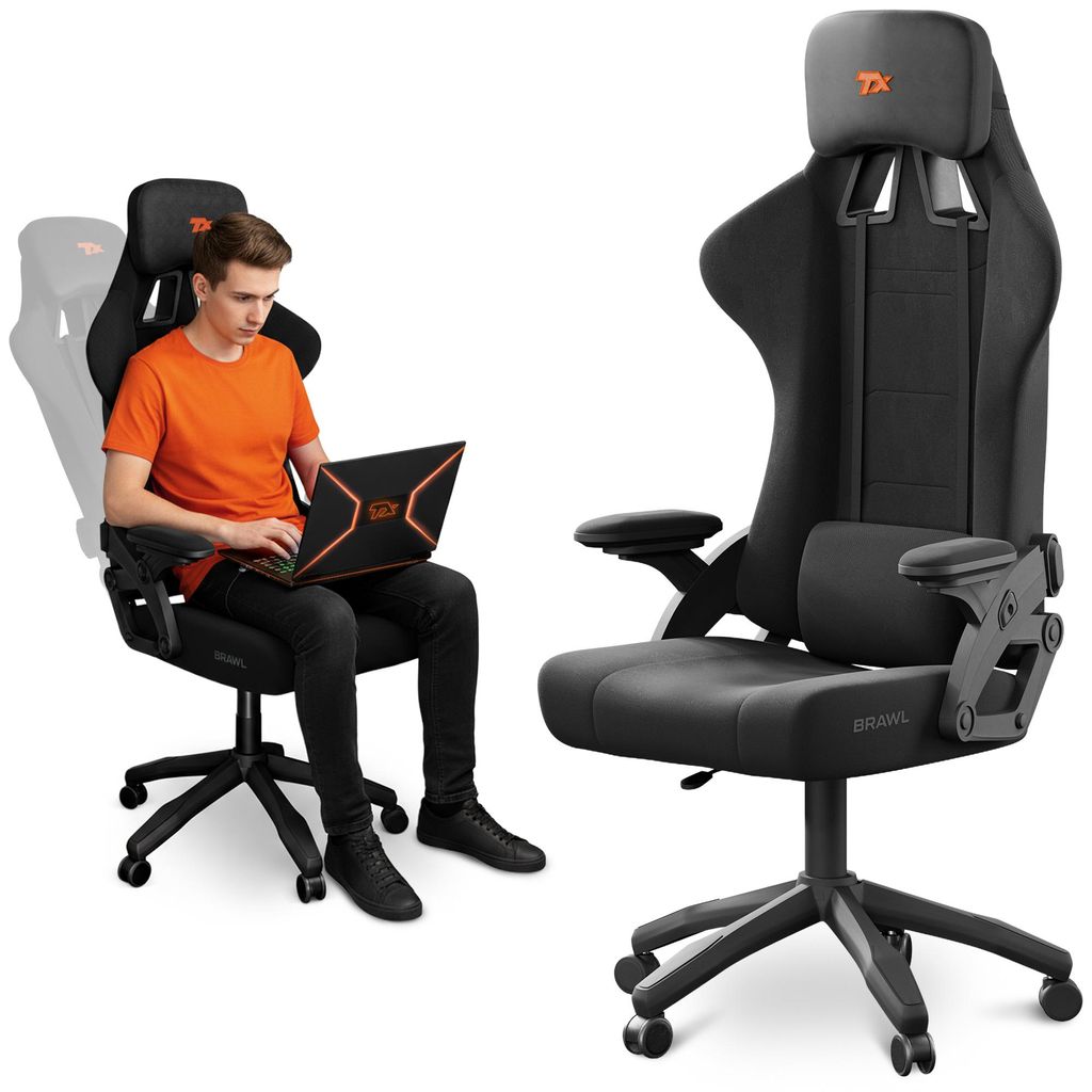 TX-ESPORTS Gaming Stuhl BRAWL | Gaming Sessel mit verstellbarer Kopf- & Lordosenstütze | Atmungsaktiver Bürostuhl aus Leinen & Baumwolle