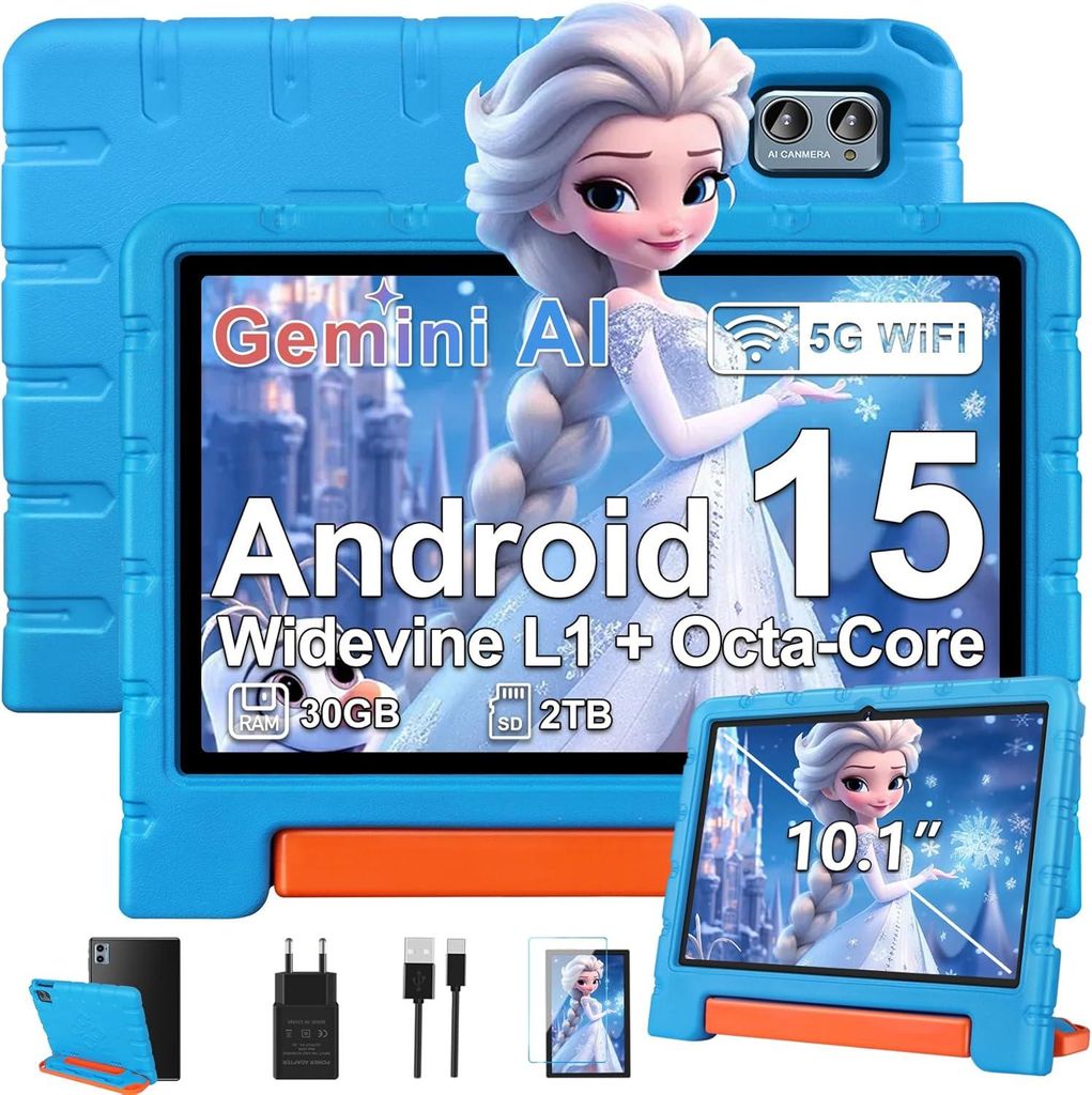 Android 15 Kinder Tablet 10,1" Octa-Core, 30GB RAM + 64GB Speicher (erweiterbar auf 2TB), 5G WiFi, Gemini AI, Face ID,Kindersicherung,6000mAh,EVA Case