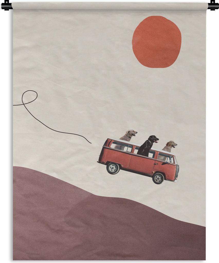 MuchoWow Wandteppich Wandbehang Hund - Retro - Bus 150x200 cm Tapisserie Dekoration Wandtuch - Wandaufhängung - Moderner