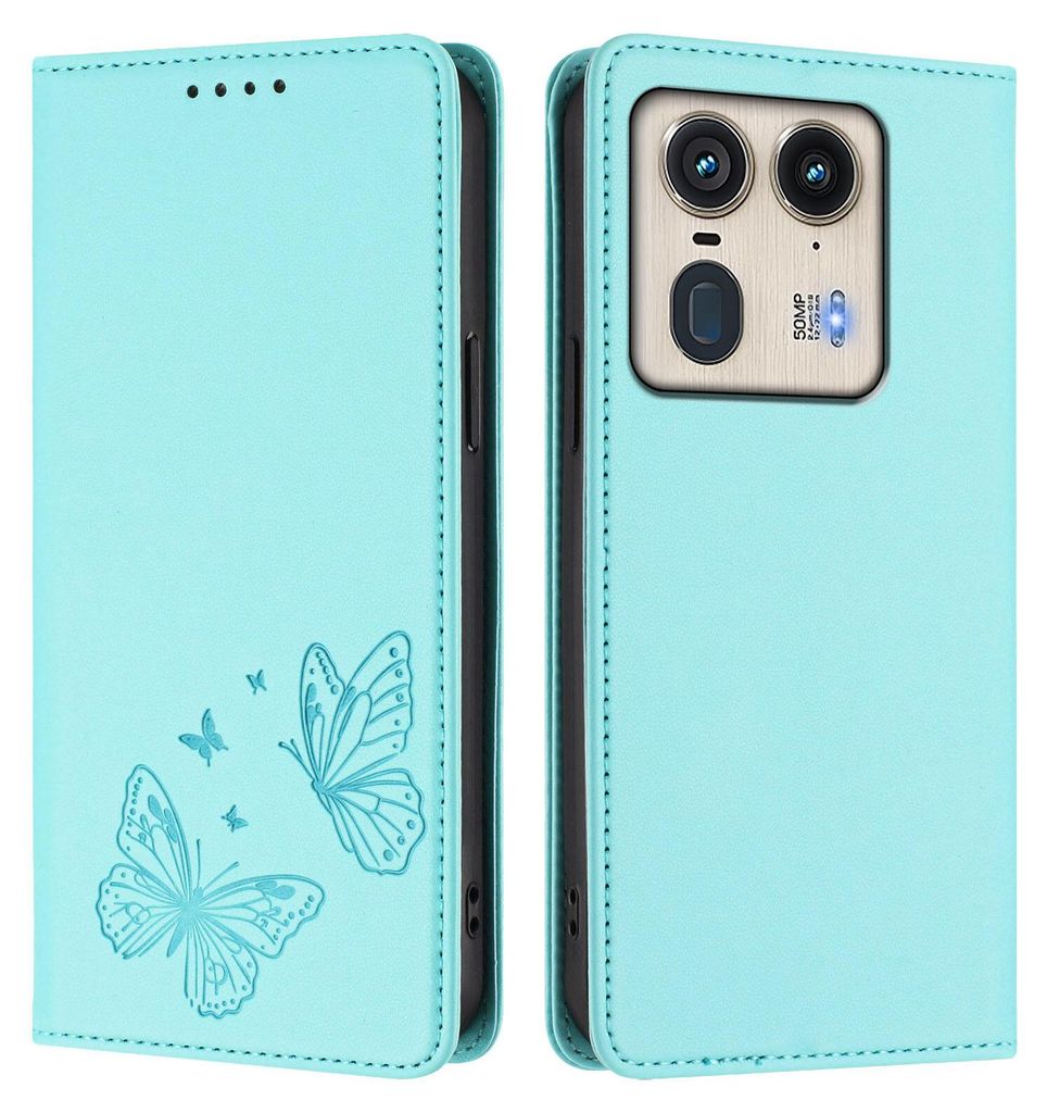 Lederhülle für Motorola Edge 50 Ultra, Schmetterling Prägung Leder Brieftasche Schutzhülle mit Ständer Türkis