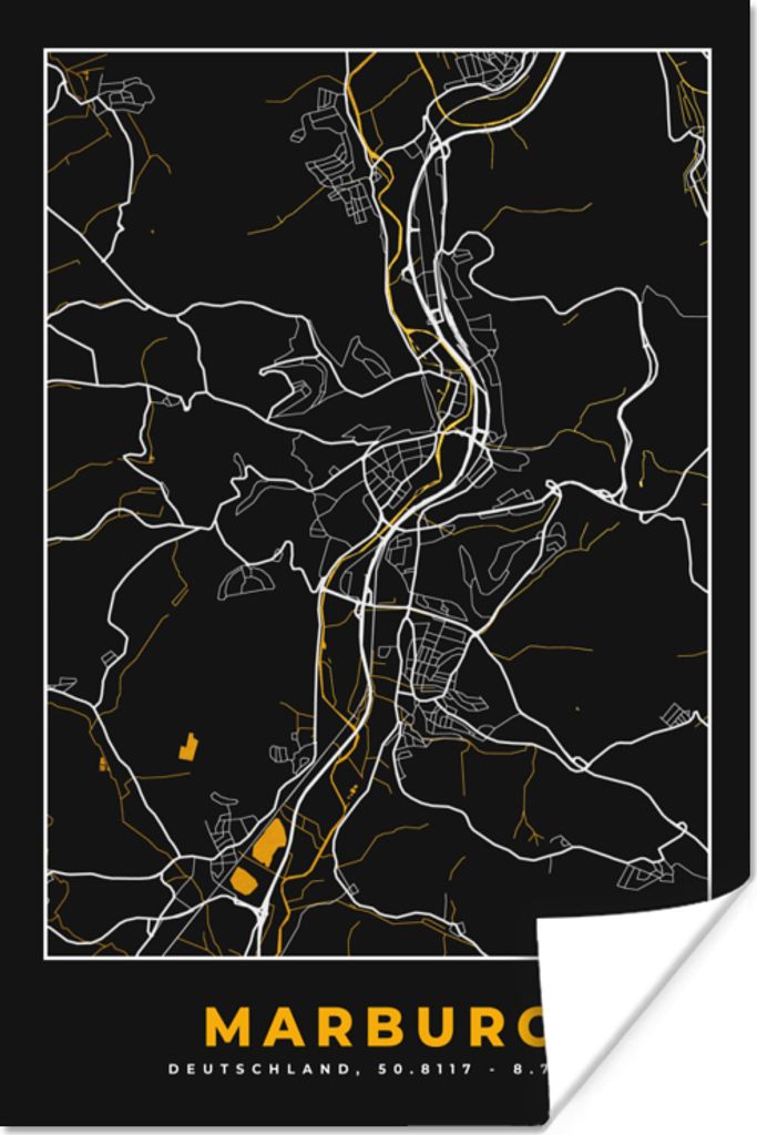 MuchoWow Poster Schwarz und Gold - Stadtplan - Marburg - Deutschland - Karte 80x120 cm - Papierdruck