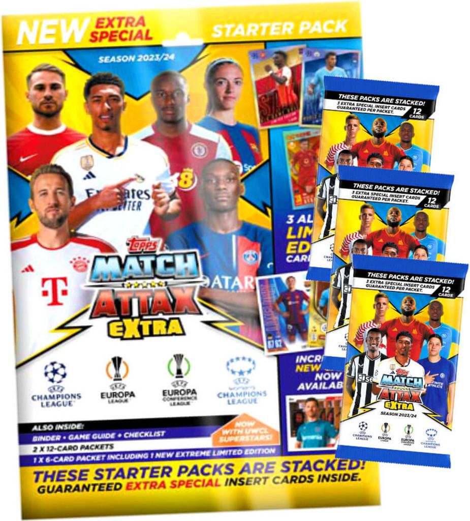 Topps Match Attax Karten Champions League Extra 2023-2024 - 1 Starter + 3 Booster Sammelkarten