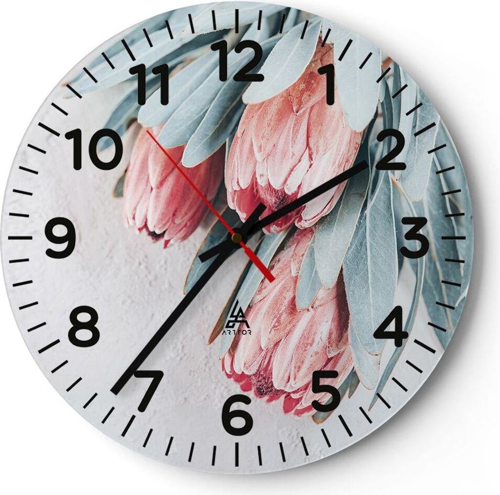 Wanduhr - Rund - Glasuhr - Blume Eukalyptus Australier - 30x30cm - Schleichendes Uhrwerk - Lautlos - zum Aufhängen bereit - Dekoration Modern - Wa...