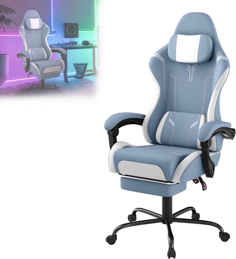 VA-Cerulean Gaming Stuhl Massage Computerstuhl Ergonomisch Gaming Sessel Bürostuhl Drehstuhl mit Massage Lendenkissen, Fußstütze, Gepolsterte Ar...