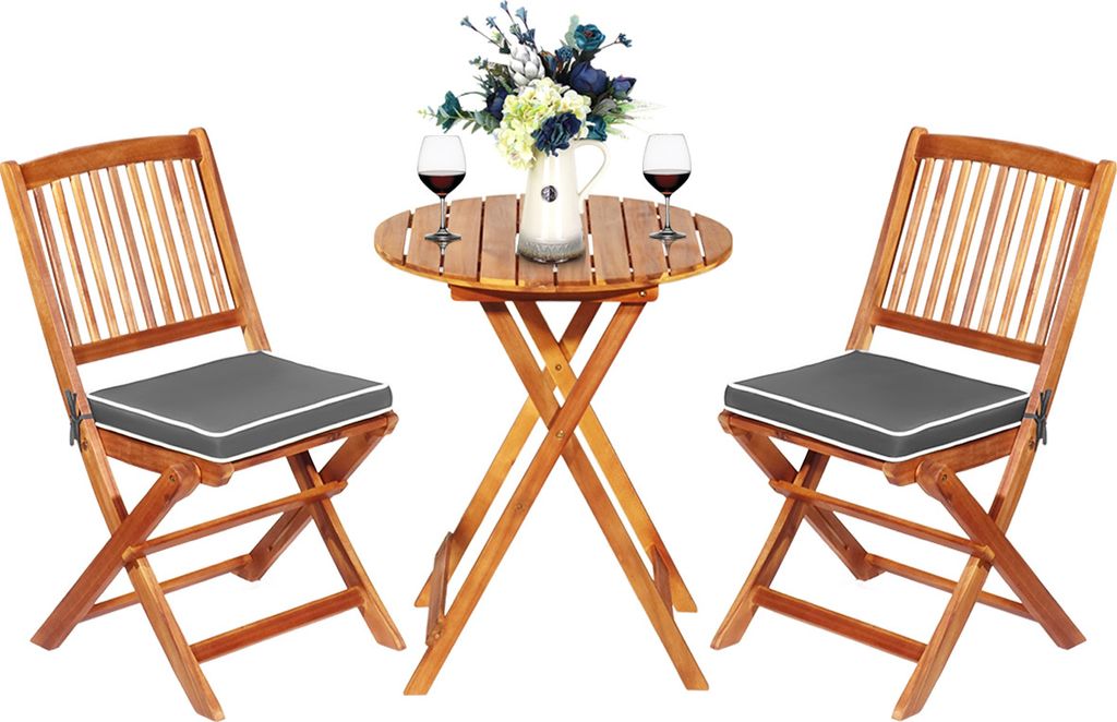 A wooden bistro set with two chairs and a table, set against a white background.