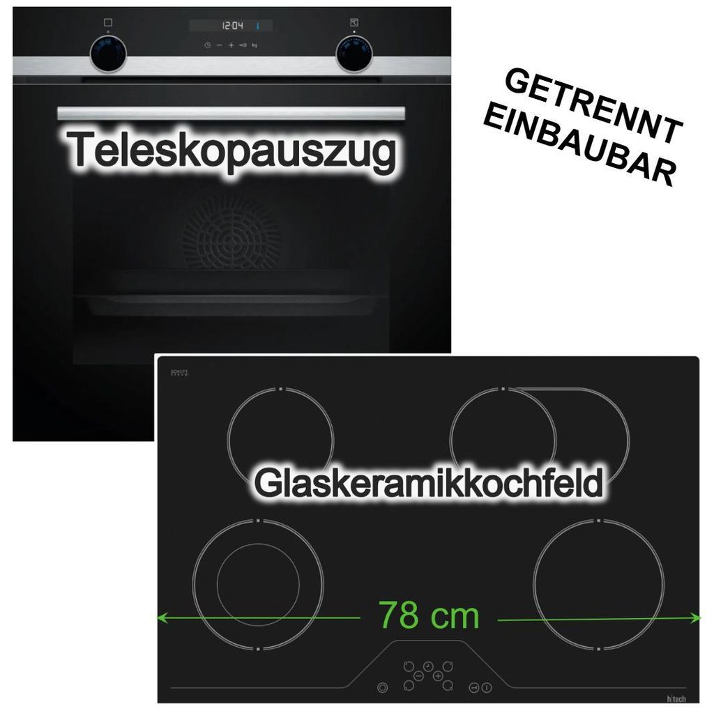 Herdset 3DHeißluft Backofen Siemens Hydrolyse Teleskopauszug + 78cm Elektrokochfeld Zweikreis Bräterzone