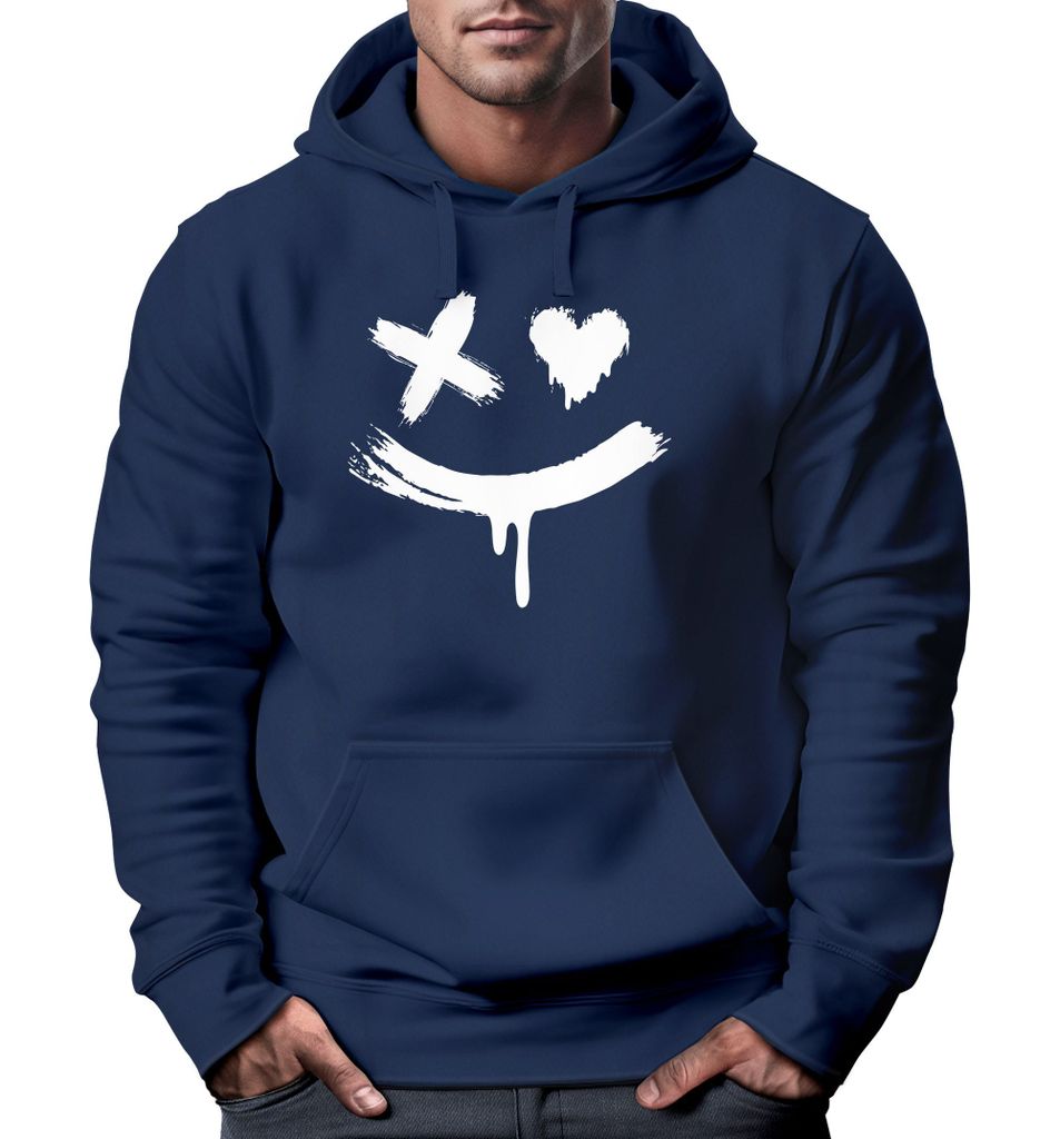 Hoodie Herren Bedruckt Techwear Fashion Streetstyle Smiling Face Smile Trend Print Aufdruck Neverless navy L