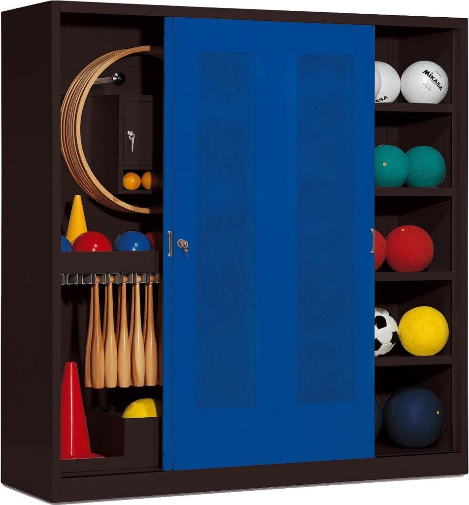 C+P Sportgeräteschrank mit Lochblech-Schiebetüren (Typ 5), HxBxT 195x190x60 cm, Enzianblau (RAL 5010), Anthrazit (RAL 7021), Gleichschließung