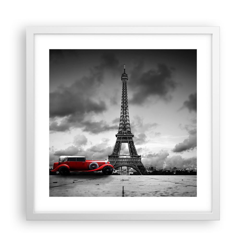 Gerahmtes Poster - Weißer Rahmen - Auto Eiffle Paris Stadt - 40x40 cm - Wand Bild - Wanddeko - Wandbilder - Kunstposter - Wandposter - Bilderrahme...