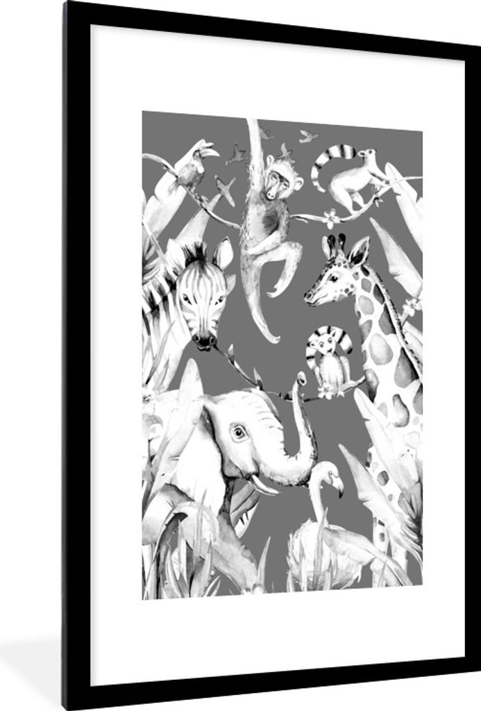 MuchoWow Gerahmtes Poster Aquarellieren - Tiere - Dschungel - Jungen - Blau - Kinder 60x90 cm - Poster mit Schwarzem Bilderrahmen Wandposter Rahm...