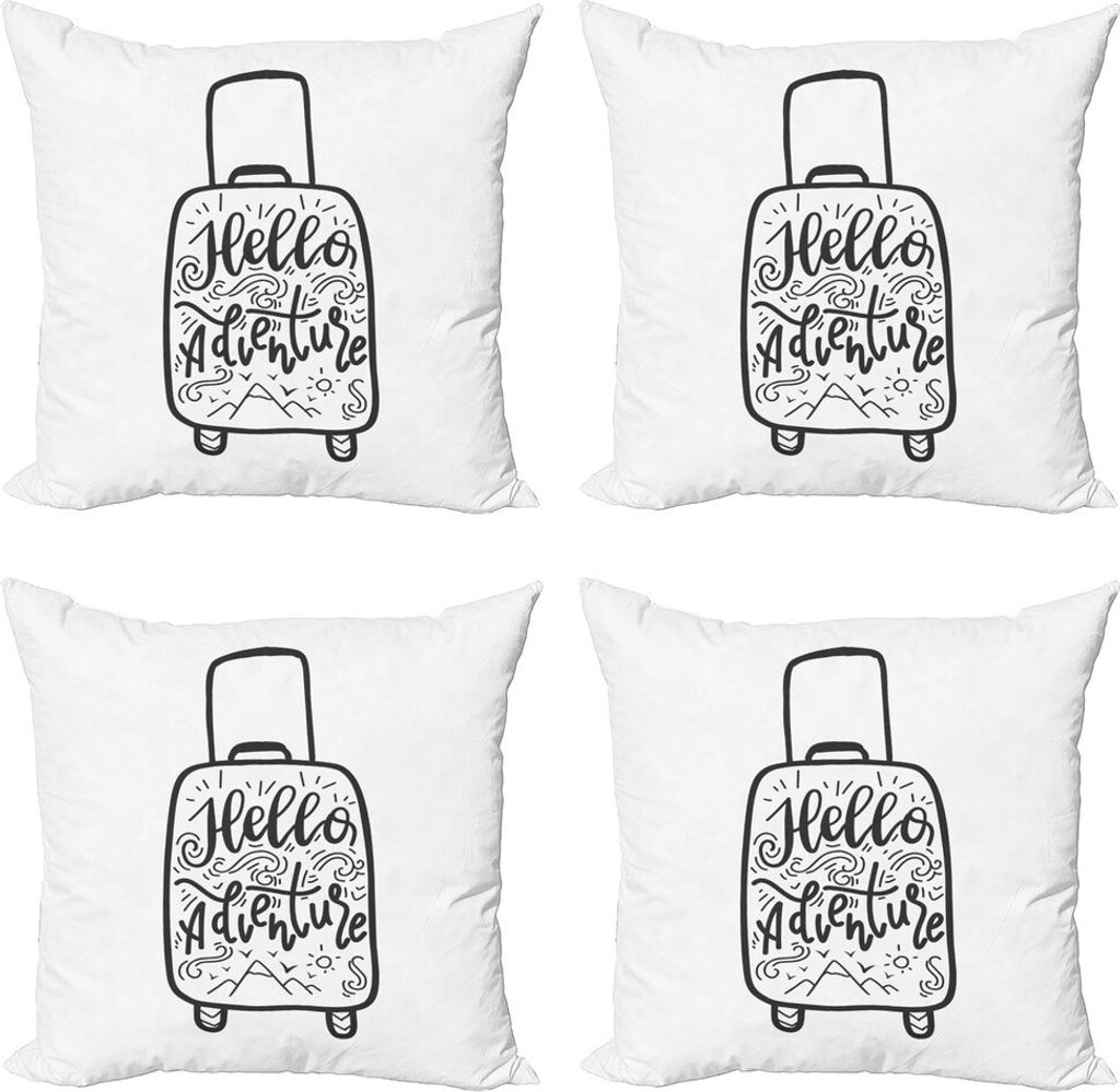 ABAKUHAUS Hallo Abenteuer Kissenbezug Set (4 Stück), Fernweh Koffer, Moderner Doppelseitiger Digitaldruck, 50 cm x 50 cm, Charcoal Grau und Weiß