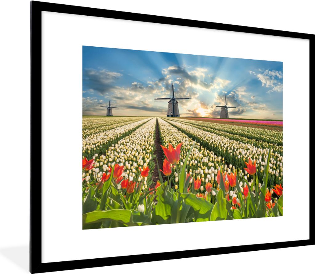 MuchoWow Gerahmtes Poster Windmühle - Tulpen - Himmel - Natur 80x60 cm - Poster mit Schwarzem Bilderrahmen Wandposter Rahmen Foto Bilder - Schla...