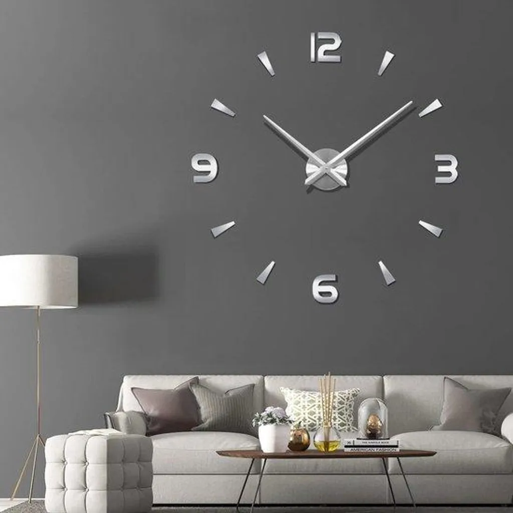 Horloge murale miroir argentée 3D autocollante style design moderne